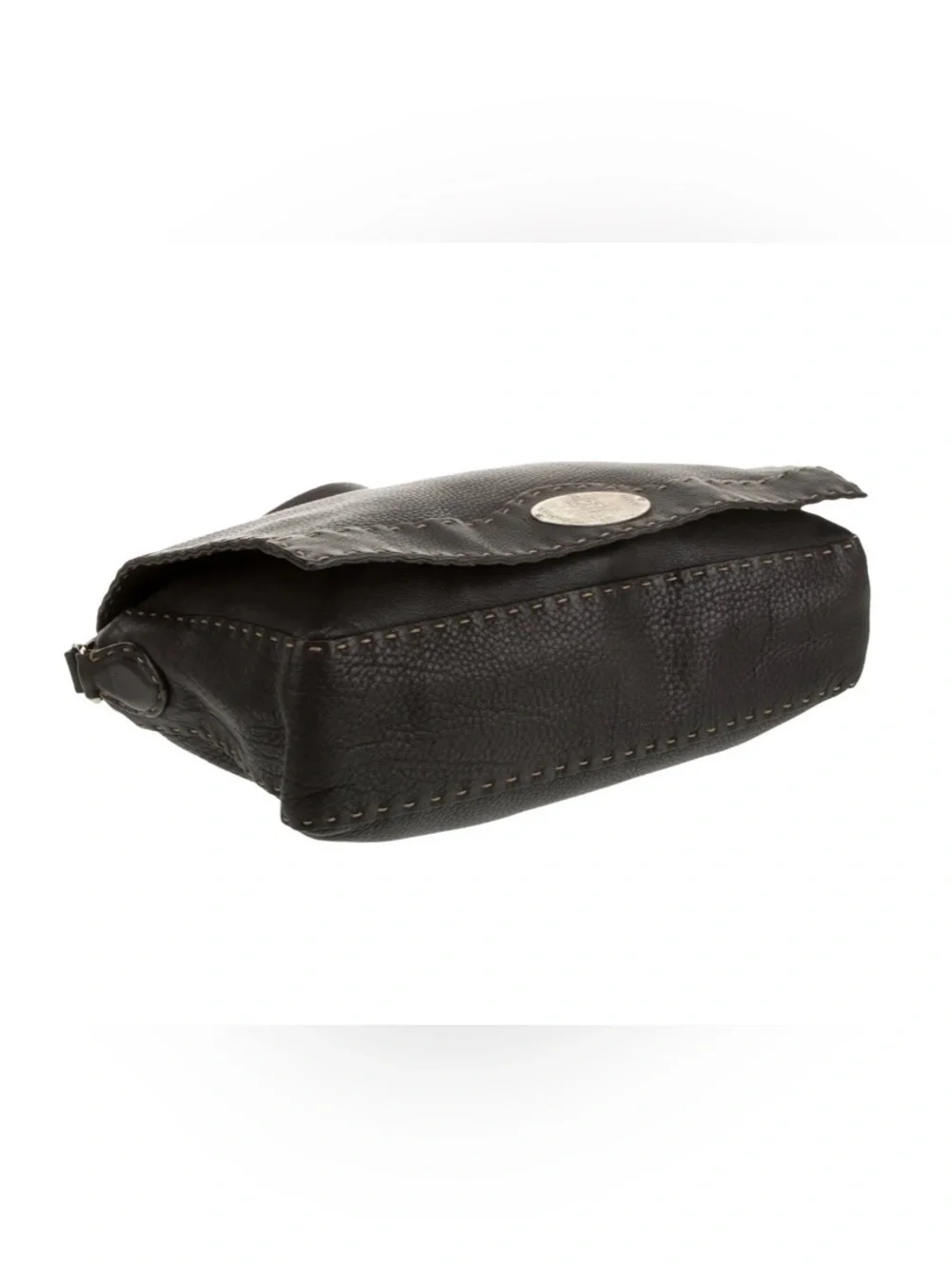 Fendi Dark Brown Pebbled Leather Messenger Bag with Silver Plaque